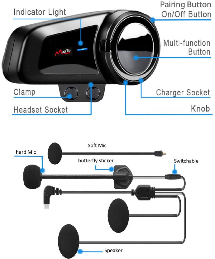 [Australia - AusPower] - Motorcycle Bluetooth Intercom with FM Radio, 5.0 Bluetooth Motorcycle Helmet Bluetooth Headset Communication With Noise Cancellation Up to 6 Riders with Noise Cancellation, FM, Waterproof (1set) 1 Pack 
