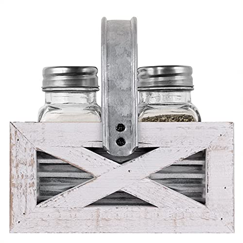 [Australia - AusPower] - Autumn Alley Barn Door Farmhouse Salt and Pepper Shakers Set in White and Galvanized Caddy - Shabby Chic Salt & Pepper Shakers for Country Kitchen 