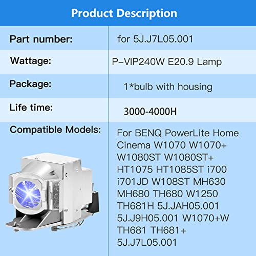 [Australia - AusPower] - 5J.J7L05.001 W1070 Projector Lamp Bulb for BENQ PowerLite Home Cinema W1070 W1070+ W1080ST W1080ST+ HT1075 HT1085ST i700 i701JD W108ST MH630 MH680 TH680 W1250 TH681H 5J.JAH05.001 5J.J9H05.001 