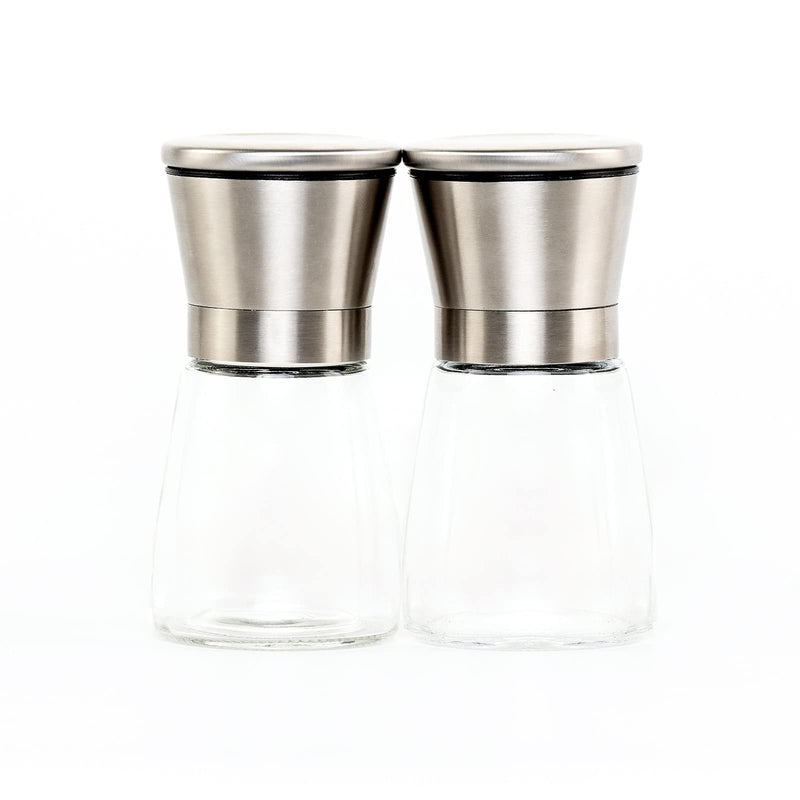 [Australia - AusPower] - Salt and Pepper Grinder Set with Wood Tray, Manual Sea Salt, Spice and Peppercorn Mill, Glass Container, Stainless Steel Cap, Adjustable Coarseness and Refillable for Modern Farmhouse Kitchen Table Clear/Silver 