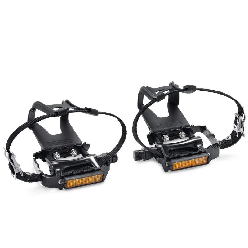 [Australia - AusPower] - NEWSTY Bike Pedals with Clips and Straps for Outdoor Cycling and Indoor Stationary Bike 9/16-Inch Spindle Resin/Alloy Bicycle Pedals Black 