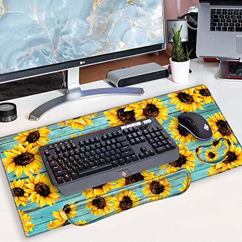 [Australia - AusPower] - Keyboard Wrist Rest and Desk Mats On Top of Desks- Sunflower Desk Pad Wrist Rests for Keyboard and Mouse 31.5" x 15.75" Large Mouse Pad XXL Desk Organization Decor for Women Office Sunflower Teal 