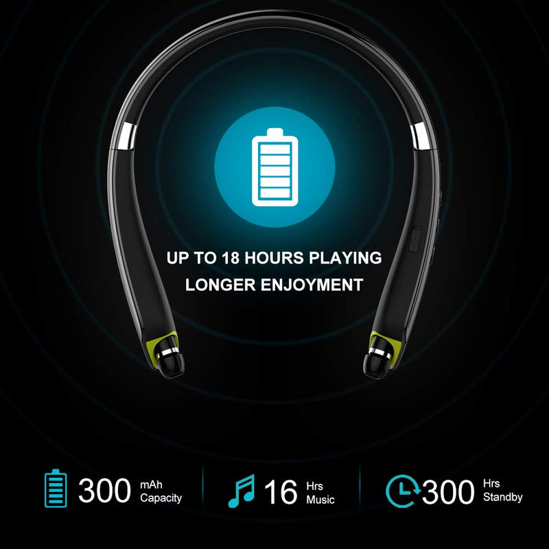 [Australia - AusPower] - Bluetooth Headphones, BEARTWO Upgraded Foldable Wireless Neckband Headset with Retractable Earbuds, Noise Cancelling Stereo Earphones with Mic for Workout, Running, Driving (with Carry Case) Black 