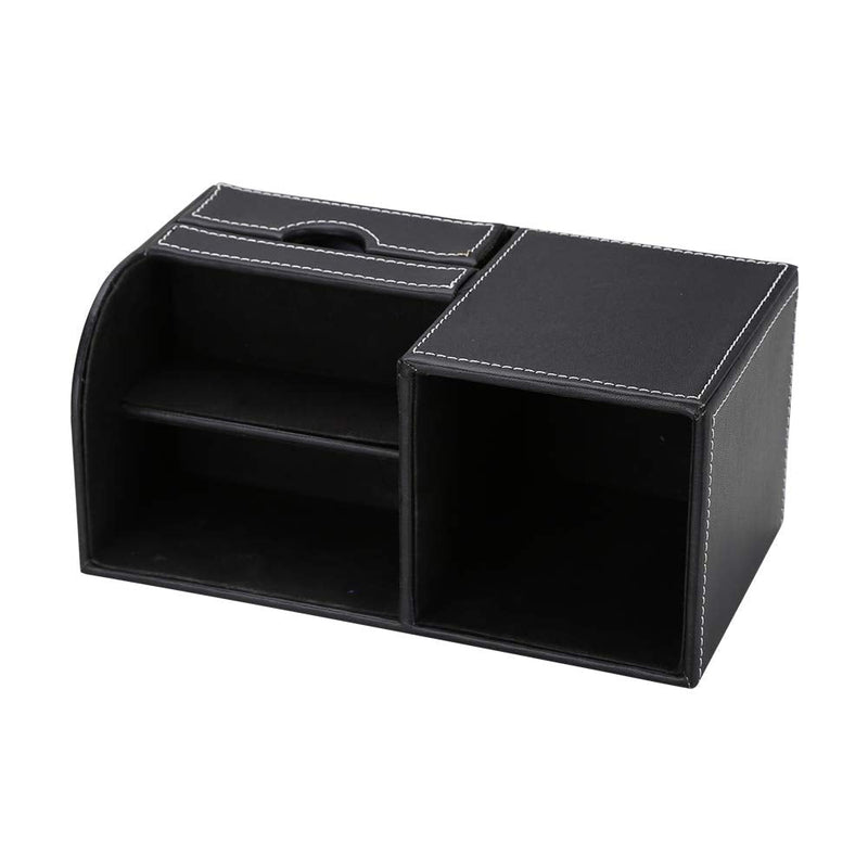 [Australia - AusPower] - KINGFOM Wooden Struction Leather Multi-function Desk Stationery Organizer Storage Box Pen/Pencil,Cell phone, Business Name Cards Remote Control Holder with Small Drawer Black 
