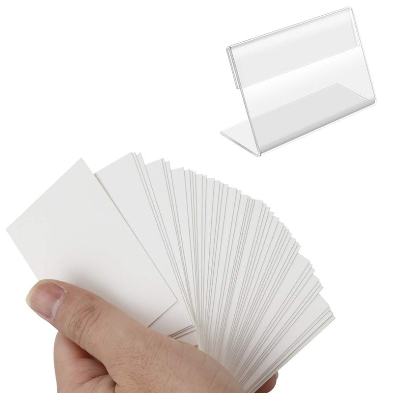 [Australia - AusPower] - BILLIOTEAM 50 PCS Mini Clear Acrylic Sign Display Holder with 50 PCS Blank Labels,Horizontal Slanted L-Shape Acrylic Name Card Price Card Tag Label Counter Top Stand(80mm x 50mm) 