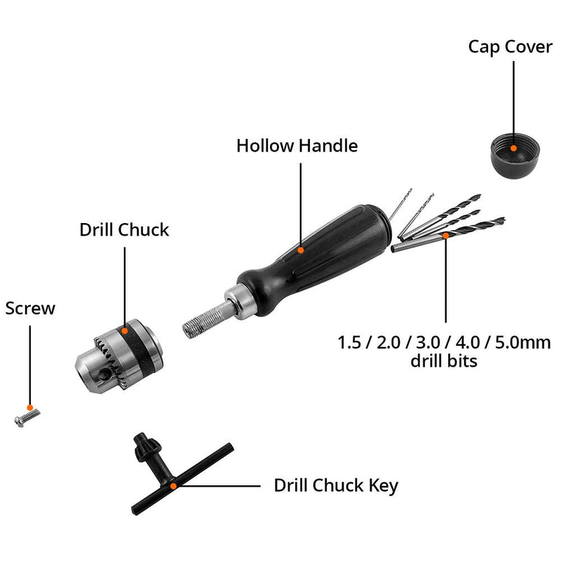 [Australia - AusPower] - QWORK Pin Vise Hand Drill Bits, Micro Mini Twist Drill Bits Set, Ideal for Woodworking Precision DIY Model Jewelry Walnut Amber Beads Plastic with Chuck Key & Twist Drill Bits 0.6-6mm 