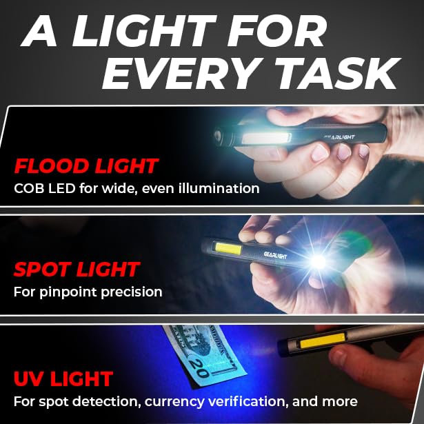 [Australia - AusPower] - Gearlight Rechargeable 3-1 LED COB Work Light with Magnetic Back - This Handheld Flashlight has 3 Modes a Pen Light, Flood Light, and 365nm UV Light - Compact Stocking Stuffer Christmas Gift for Men 