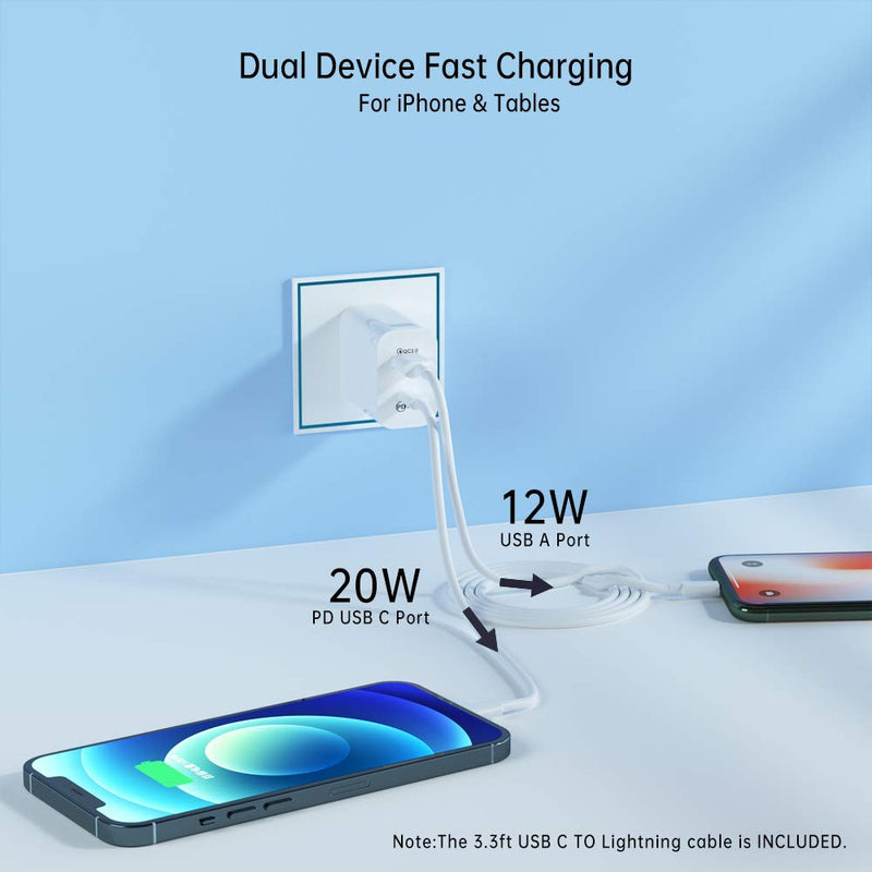 [Australia - AusPower] - SHUNNAN iPhone 12 Fast Charger,20W Dual Port Wall Charger,USB C Charger,Fast Power Adapter Compatible with iPhone 12/11/Pro Max/XS/X/8/Plus,iPad Pro/Air/Mini 4/3, (2pack-White) 