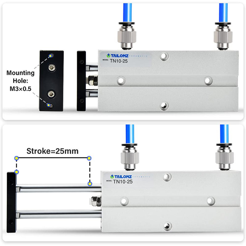 [Australia - AusPower] - TAILONZ PNEUMATIC 10mm Bore 25mm Stroke Double-Rod Double-Acting Aluminum Pneumatic Air Cylinder TN10-25 Bore:10mm Stroke:25MM 