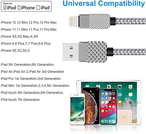 [Australia - AusPower] - 6M/20FT Extra Long iPhone Charger Cable,[MFi Certified] Nylon Braided USB Apple Lightning Charging Cord iOS Adapter for iPhone 12/11/11 Pro/Pro Max/XS/XS Max/XR/X/8/8 Plus/7/SE/Pad/iPod(Silver) 