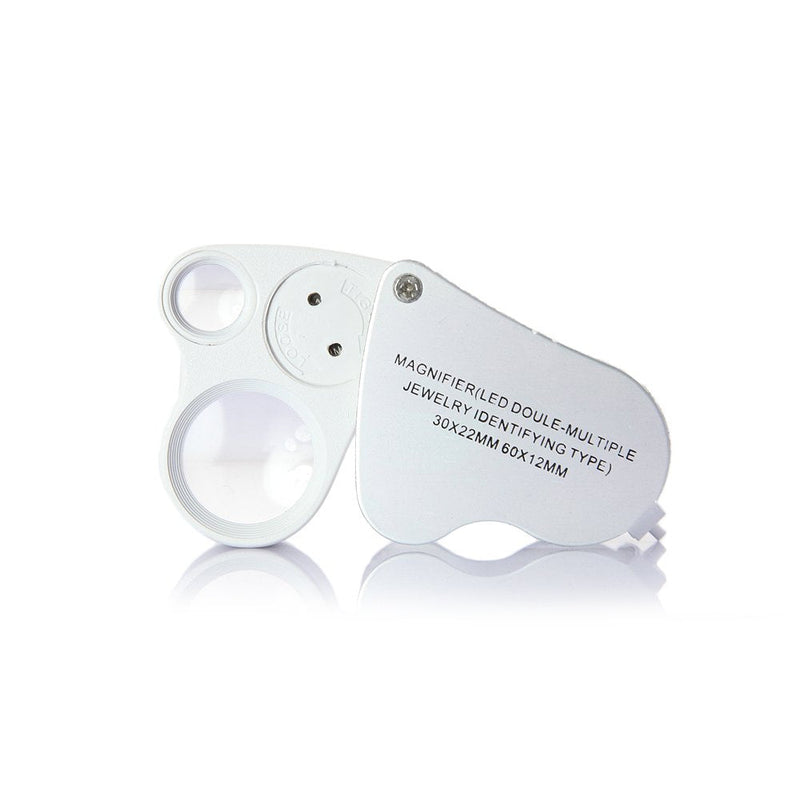 [Australia - AusPower] - EnTeck 30X 60X Dual Lens LED Illuminated Jewelry Magnifier, Pocket Microscope Magnifying Jewelers Eye Loupe Glasses White 1 Pack 