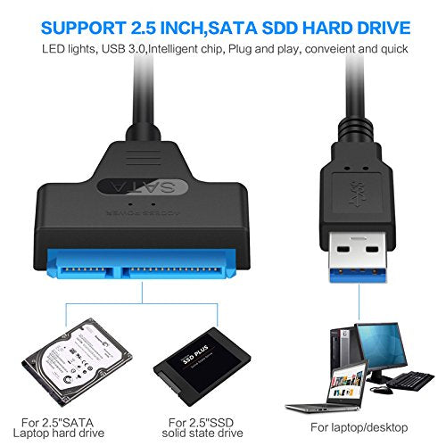 [Australia - AusPower] - Cotchear USB 3.0 to SATA III Hard Drive Adapter Cable, 15 + 7 Pin Portable Adapter Cord 22 pin USB Cable 3.0 to SATA Adapter for 2.5 inch HDD SSD Hard Drive 