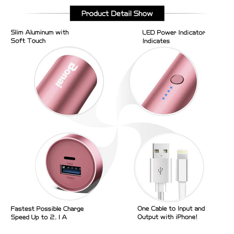 [Australia - AusPower] - Portable Charger iPhone, BONAI Power Bank 5000mAh Aluminum Ultra-Compact, External Backup Battery Compatible with iPhone 13/12, iPad, iPod, Samsung, Tablets - Rose Gold (with an 8-pin Charging Cable) A-Rose Gold 