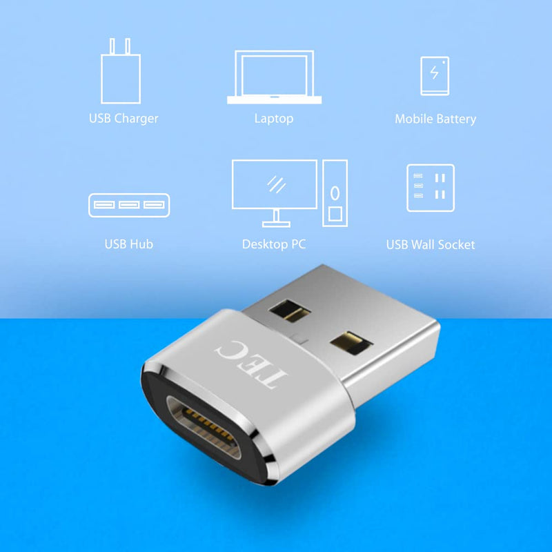 [Australia - AusPower] - 2-Pieces Set TEC USB Type C to USB A Adapter USB Data Transfer 5V 3A Fast Charging Connector Compatible with MacBook Pro/Air/iPad Pro 2020/Surface/Sony Xperia/Samsung/MagSafe Charger, Silver 