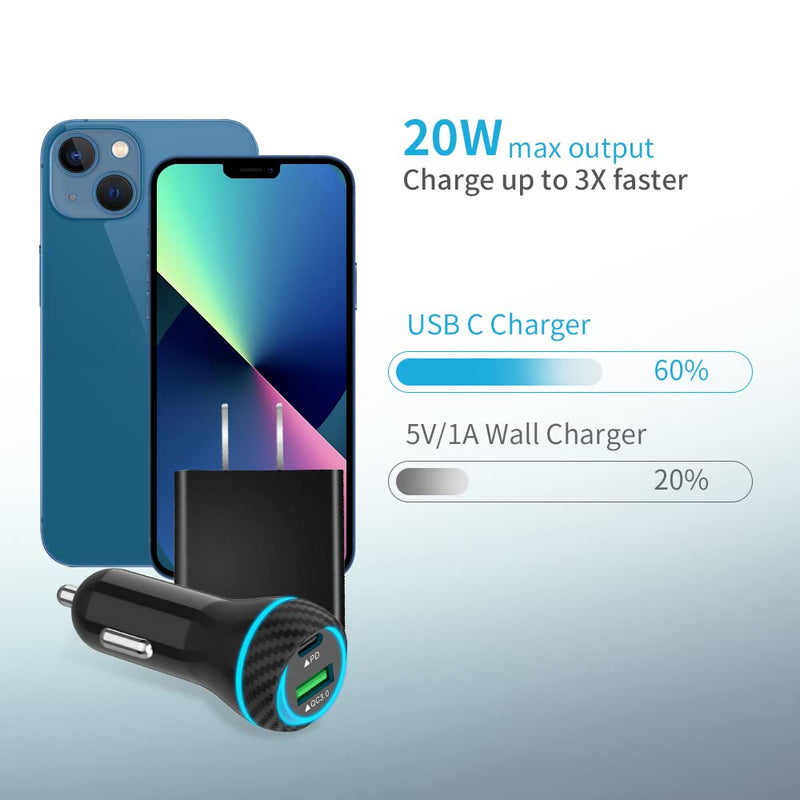 [Australia - AusPower] - COYZA Fast USB C Charger Kit, Compatible with iPhone 13 Pro Max/12/11/X/8, 20W PD Rapid Charging Car Adapter&Wall Charger Block with 3.3&6.6ft MFi Certified Type C to Lightning Nylon Braided Cable 