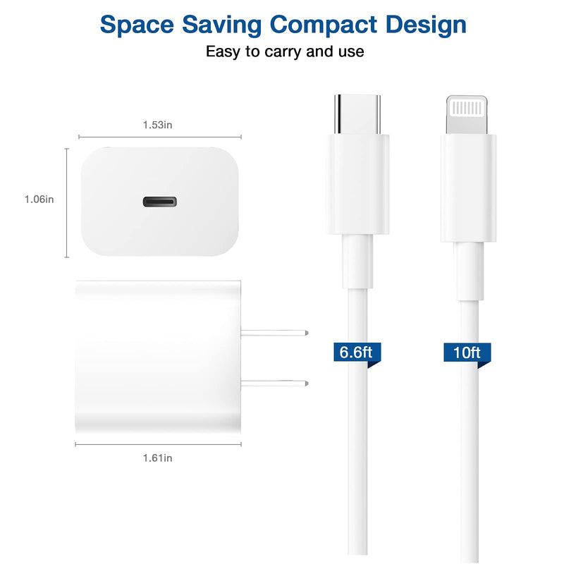 [Australia - AusPower] - 【Apple MFi Certified】 iPhone Fast Charger 2Pack 20W PD Wall Charger with 6FT&10FT USB C to Lightning Cables Fast Charging Adapter for iPhone 12/12 Pro/12 Pro Max/11/11Pro/XS/XR/X/8/8Plus/iPad USB C to Lightning Cable 2 Pack 