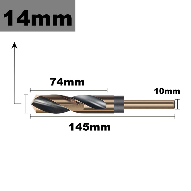 [Australia - AusPower] - LEPEVNEY 14mm Reduced Shank Twist Drill Bit with 10mm Round Shank for Stainless Steel Aluminum Alloy Metal Copper Plastic Wood, Made of High Speed Steel 4341 14mm with 10mm Shank 
