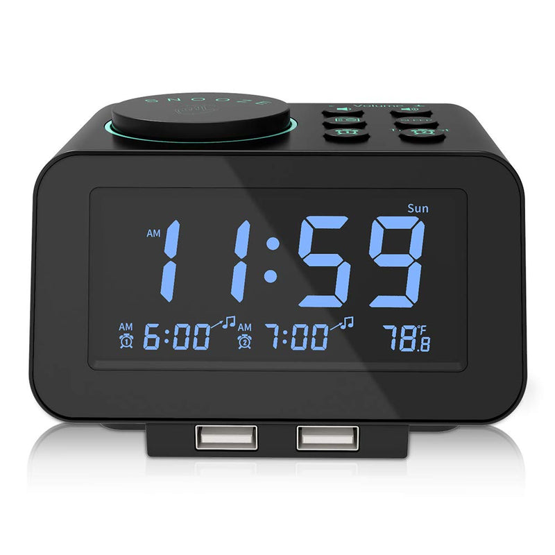 [Australia - AusPower] - USCCE Digital Alarm Clock Radio - 0-100% Dimmer, Dual Alarm with Weekday/Weekend Mode, 6 Sounds Adjustable Volume, FM Radio w/ Sleep Timer, Snooze, 2 USB Charging Ports, Thermometer, Battery Backup Black 