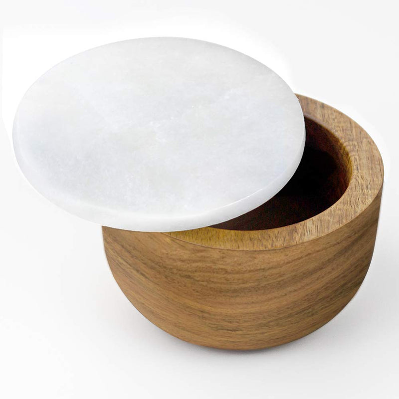 [Australia - AusPower] - jalz jalz Large Wood Salt Box with Spoon Spice Seasonings Keeper Solid Natural Acacia Base White Marble Lid Elegant Design Decorative Boxes Big Capacity White Cover 