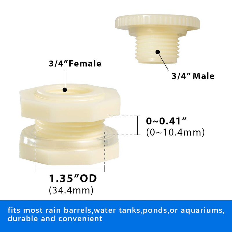 [Australia - AusPower] - Quickun 3/4" ABS Bulkhead Water Tank Connector Adapter Fitting with Plugs Thru-Bulk Pipe Fitting (Set of 4) 3/4 inch Set of 4 