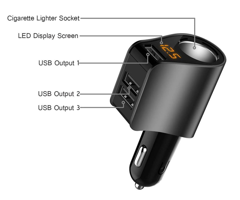 [Australia - AusPower] - Car Charger,Multi USB Cigarette Lighter Adapter,Socket Splitter with 3 USB and Voltage Meter,Compatible with iPhone,iPad,Apple Watch,Airpods,Samsung,LG,HTC,GPS,Android Phone (Black) Black 