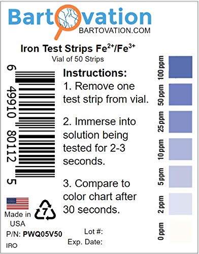 [Australia - AusPower] - Iron Test Strips, 0-100 ppm [Vial of 50 Strips] for Measuring Free Soluble Iron (Fe2+ and Fe3+) 