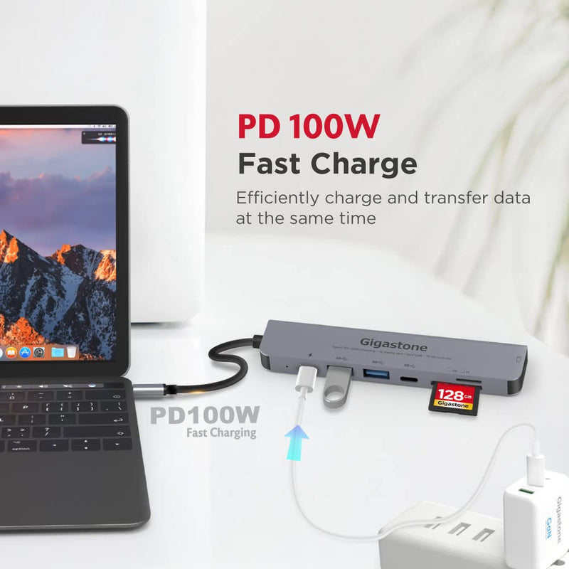 [Australia - AusPower] - 【USB C Hub】【100W Power Delivery】 Gigastone Multiport Adapter 7-in-1 with 100W Charging, 4K HDMI, USB-C & 2 USB-A 5Gbps, SD & microSD Reader, for MacBook Air, MacBook Pro, Chromebook, Zenbook, Surface 