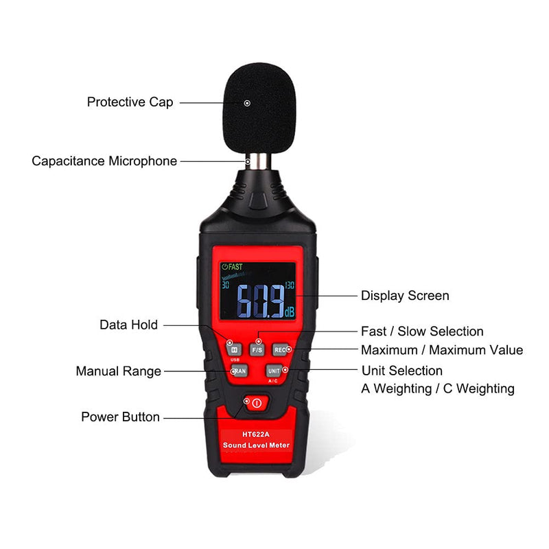 [Australia - AusPower] - Noise Sound Level Meter, HT622A 30dB-130dB Digital Decibel Meter with LCD Sound Level Meter Voice Tester Noise Decibel Monitor for Sound Level Testing 