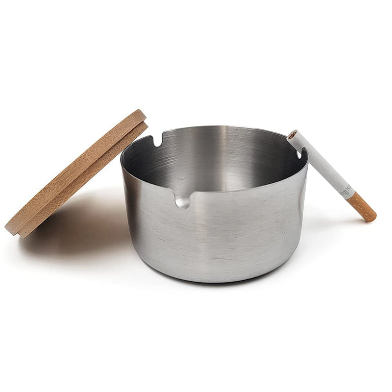[Australia - AusPower] - Classic Metal Ashtray with Bamboo Lid for Cigarettes - Silver Windproof Outdoor Ashtrays Can Patio Outdoor Indoor Decorative Fancy Ash Tray 