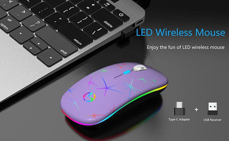 [Australia - AusPower] - Wireless Mouse, 2.4G Portable Optical Quiet RGB Mouse with USB Receiver and Type C Adapter, 3 Adjustable DPI Levels, Wireless Computer Mouse for Laptop, Computer, PC, MacBook, Desktop Purple 