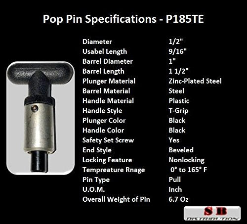 [Australia - AusPower] - SBDs 'POP' Pull Pin | 1/2" Diameter Spring Loaded Plunger |1" Diameter x 1-1/2" Length Weld ON Steel Barrel | Hard Plastic T HANDLE Knob | Knurled Round Nut 1/2" Plunger 