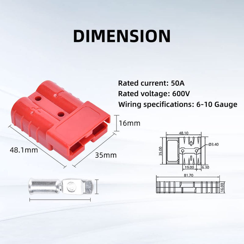 [Australia - AusPower] - cnaodun 4 Pcs 6-10 Gauge Anderson Connector Plug 50A 12-36V Battery Quick Connector Red Battery Quick Disconnect Wire Harness Plug Kit for Winch Car Auto Trailer Driver Electrical Devices 