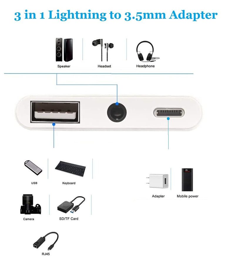 [Australia - AusPower] - USB to iPhone/iPad Adapter,[Apple MFi Certified] iPhone USB Camera Female OTG Adapter with 3.5mm Aux Jack and Lightning Charging Port for iPhone 13 12 11 X 8 7 6,Support USB Flash Drive,MIDI Keyboard 