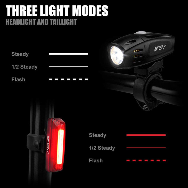 [Australia - AusPower] - BV Super Bright USB Rechargeable Bike Light Set, Headlight with Free Taillight, Three Light Modes, Water Resistant IP44 - Fits All Bicycles with Two Mounting Options 