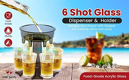 [Australia - AusPower] - Mixt Shots 6 Shot Glass Dispenser and Holder, Multiple Shot Pourer for Cocktail, Wine and Juice, Party Drink and Beverage Dispenser for Filling Liquids (13x13x12.5 cm, Transparent) 