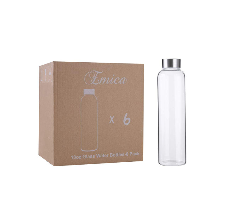 [Australia - AusPower] - Emica 6 Pack 18oz/550ml Glass Water Bottles with Stainless Steel Lid, Drinking Bottles with Caps Outdoor, 100% Borosilicate Glass, Perfect for Homemade Beverage/ Smoothies/ Bubble Tea/ Fruit Juice 