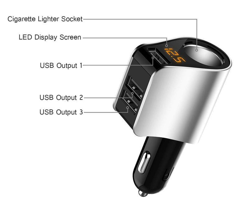 [Australia - AusPower] - Car Charger Extension Cigarette Lighter Adapter,Socket Splitter with 3 USB and Voltage Meter,Compatible with iPhone 13,12,12 Pro Max,iPad,Samsung,fit for 12V/24V Automobile Outlet (Silver) 