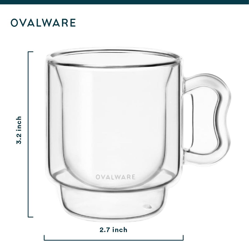 [Australia - AusPower] - OVALWARE RJ3 Espresso Coffee Glass Cups 4oz/120ml (Set of 2) Double Walled Glass Cup w/ Solid Butterfly Handle- Elegant Borosilicate Espresso Shot Mug - Stackable Insulated Transparent Demitasse Glass 2 Count (Pack of 1) 