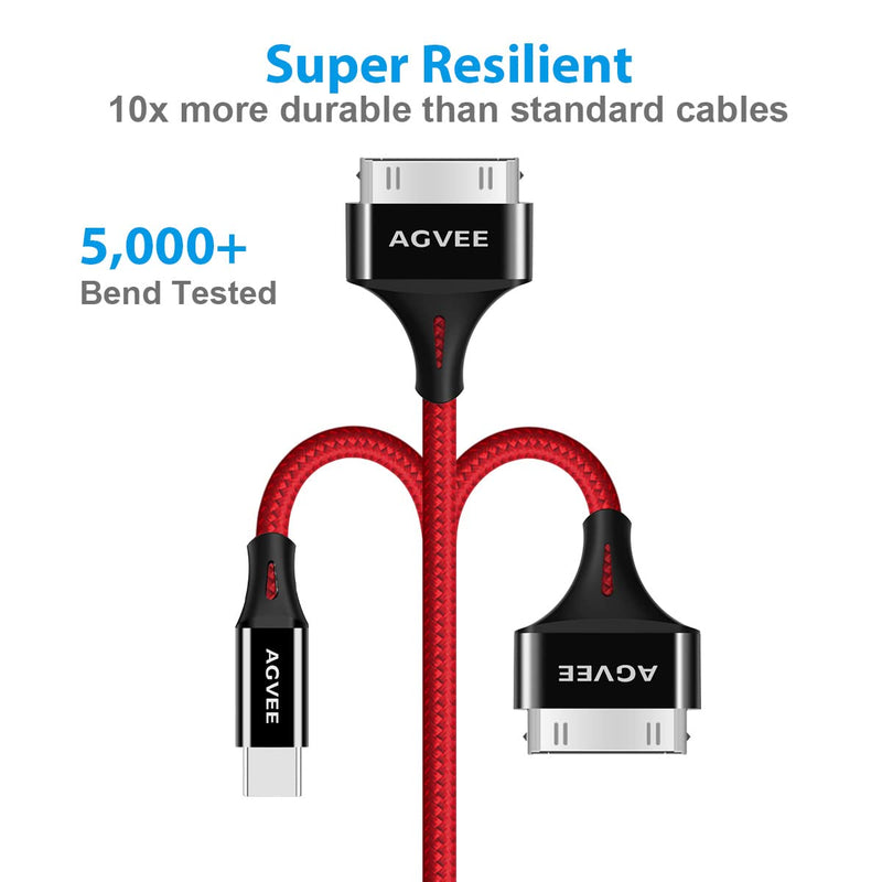 [Australia - AusPower] - AGVEE [2 Pack 3ft] USB-C to 30 Pin Cable for Old iPhone 4/4S iPad 1/2/3 iPod, Braided Metal Shell Type-C to 30Pin Adapter Charging Charger Data Cord, Red 