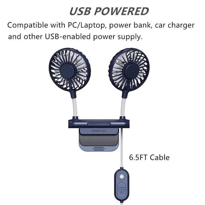 [Australia - AusPower] - Desktop Fan, THRRLY Monitor Clip on Fan with 2 Fan Heads, 3 Speeds Office Desk fan USB Powered Cooling Fan with Sturdy Adjustable Clamp, Strong Wind Quiet Personal USB Small Fan for Laptops, Desktop. Dark Blue 