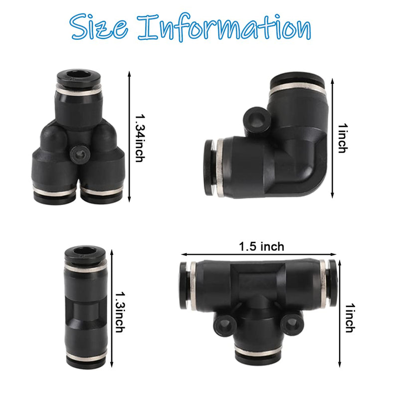 [Australia - AusPower] - 60PCS Push to Connect Fittings, Air Line Fittings Pneumatic Fittings Kit with 15 Splitters 15 Elbows 15 Tee and 15 Straight Tubes, Quick Release Connectors for 1/4'' OD Tube, Black 