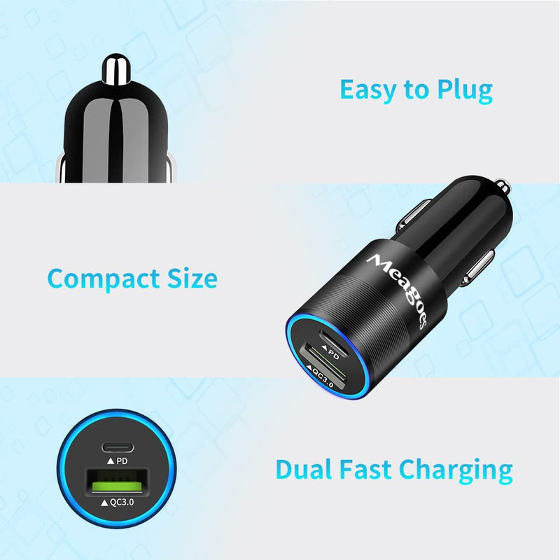 [Australia - AusPower] - Fast USB C Car Charger, Meagoes Dual Rapid Charging Port Adapter with 20W PD&QC3.0, Compatible for iPhone 13 Pro/Max/Mini/12/11/Max/Pro/X/8/AirPod - 3.3ft Apple MFi Certified Type C to Lightning Cable 