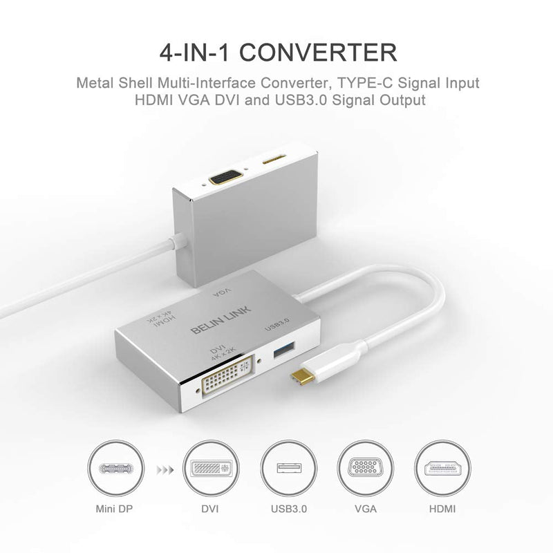 [Australia - AusPower] - BELIN LINK USB C to HDMI DVI VGA USB 3.0 Adapter,USB 3.1 Type-C 4in1 Hub to HDMI DVI 4K VGA USB Adaptor Converter (Thunderbolt 3 Compatible), USB-C Adapter for MacBook/MacBook Pro air/Surface pro TC 4IN1 
