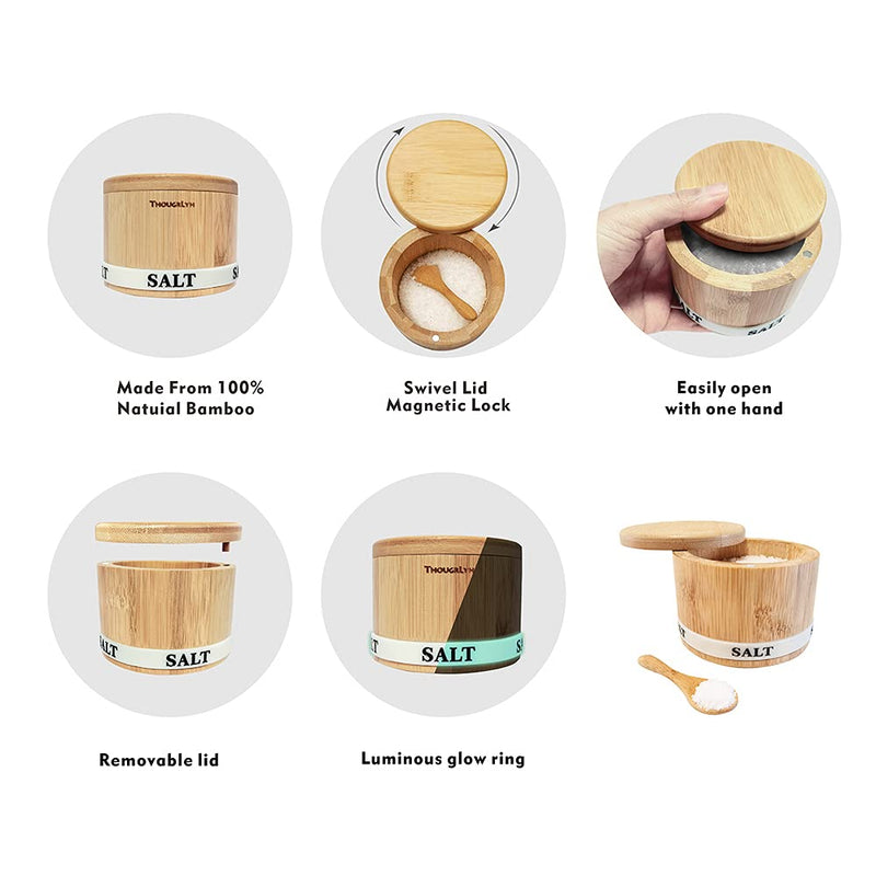 [Australia - AusPower] - ThougrLyh Bamboo Salt Box, Salt Box With Swivel Lid With Magnetic，Salt Cellar With Lid For Storing Salt, Herbs, Spices And Small Items Spice Box，Salt Bowls With Luminous (Salt box and spoon) salt box with spoon 