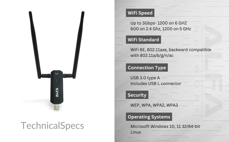[Australia - AusPower] - ALFA AWUS036AXM WiFi 6E USB 3.0 USB Adapter, AXE3000 Tri-Band 6Ghz/5.8GHz/2.4GHz, Wireless Gigabit Speed (Up to 3Gbps) 