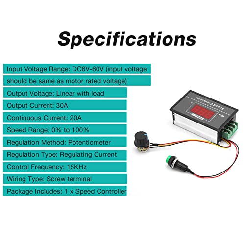 [Australia - AusPower] - DC 6-60V 12V 24V 36V 48V 30A PWM DC Motor Speed Controller (PWM) Speed Adjustable Stepless Governor Regulator, Motor Speed Controller with Start Stop Switch 