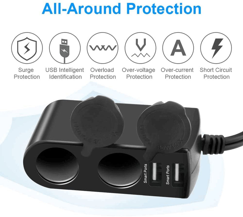 [Australia - AusPower] - 90W 2-Socket Car Cigarette Lighter Splitter Car Charger Adapter 12V/24V DC Outlet, 3.1A Dual USB Car Charger with Extension Cord for Cell Phone, Tablet, GPS, Dash Cam (with a 1M USB-C Cable) 