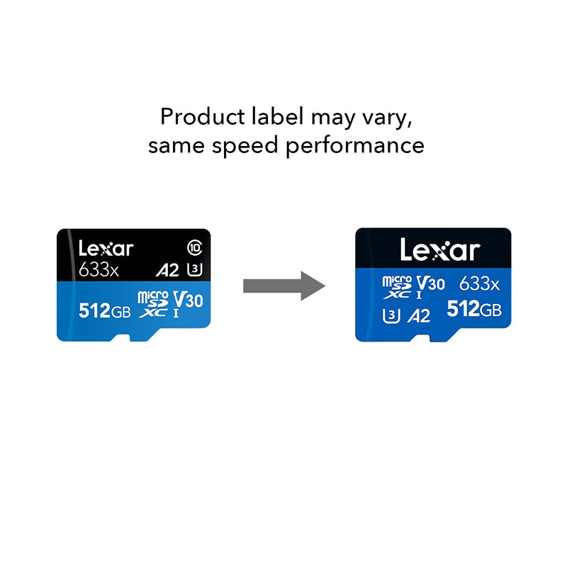 [Australia - AusPower] - Lexar High-Performance 633x 512GB microSDXC UHS-I Card w/ SD Adapter, Up To 100MB/s Read, for Smartphones, Tablets, and Action Cameras (LSDMI512BBNL633A) Single 