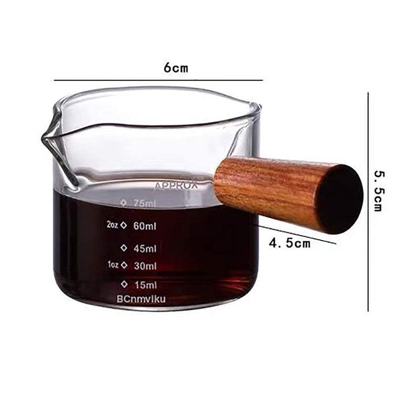 [Australia - AusPower] - 1 Pack Double Spouts Measuring Triple Pitcher Milk Cup with Wood Handle 75ML Espresso Shot Glasses Parts Clear Glass By BCnmviku 1 