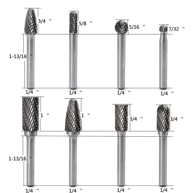 [Australia - AusPower] - Carbide Burr Set 8pcs JESTUOUS 1/4 Inch Shank Diameter Double Cut Edge Rotary Files Metal Grinding Polishing Carving Tool Drill Bits for Die Grinder Kits 